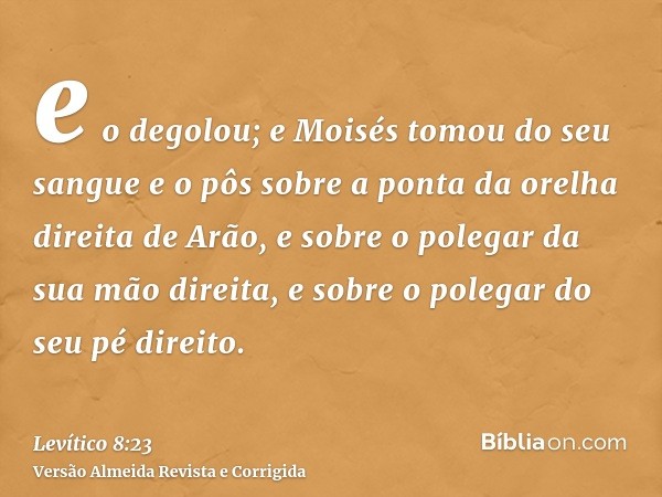 e o degolou; e Moisés tomou do seu sangue e o pôs sobre a ponta da orelha direita de Arão, e sobre o polegar da sua mão direita, e sobre o polegar do seu pé dir