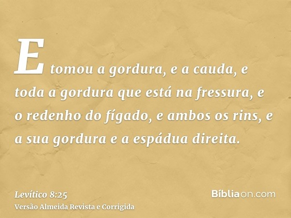 E tomou a gordura, e a cauda, e toda a gordura que está na fressura, e o redenho do fígado, e ambos os rins, e a sua gordura e a espádua direita.