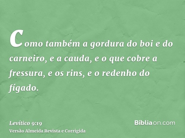 como também a gordura do boi e do carneiro, e a cauda, e o que cobre a fressura, e os rins, e o redenho do fígado.