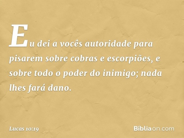 Eu dei a vocês autoridade para pisarem sobre cobras e escorpiões, e sobre todo o poder do inimigo; nada lhes fará dano. -- Lucas 10:19