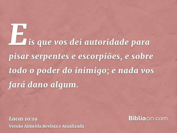 Eis que vos dei autoridade para pisar serpentes e escorpiões, e sobre todo o poder do inimigo; e nada vos fará dano algum.