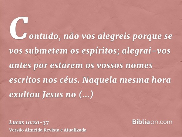 Contudo, não vos alegreis porque se vos submetem os espíritos; alegrai-vos antes por estarem os vossos nomes escritos nos céus.Naquela mesma hora exultou Jesus 