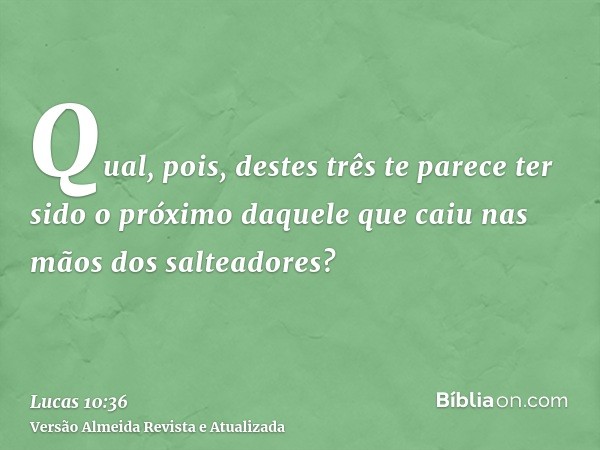 Qual, pois, destes três te parece ter sido o próximo daquele que caiu nas mãos dos salteadores?