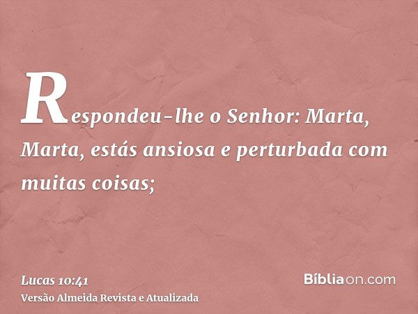 Respondeu-lhe o Senhor: Marta, Marta, estás ansiosa e perturbada com muitas coisas;