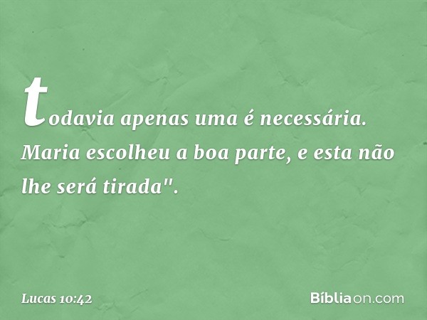 todavia apenas uma é necessária. Maria escolheu a boa parte, e esta não lhe será tirada". -- Lucas 10:42