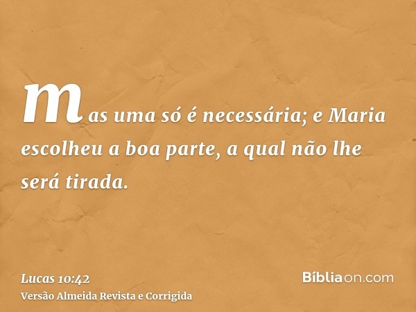 mas uma só é necessária; e Maria escolheu a boa parte, a qual não lhe será tirada.