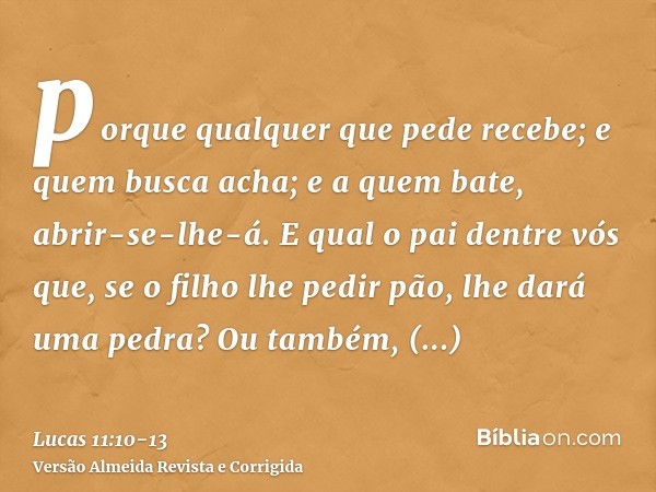 porque qualquer que pede recebe; e quem busca acha; e a quem bate, abrir-se-lhe-á.E qual o pai dentre vós que, se o filho lhe pedir pão, lhe dará uma pedra? Ou 