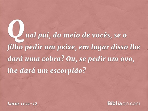 "Qual pai, do meio de vocês, se o filho pedir um peixe, em lugar disso lhe dará uma cobra? Ou, se pedir um ovo, lhe dará um escorpião? -- Lucas 11:11-12