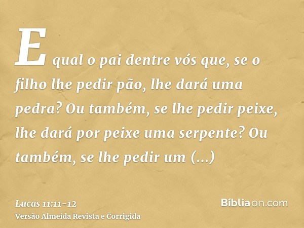 E qual o pai dentre vós que, se o filho lhe pedir pão, lhe dará uma pedra? Ou também, se lhe pedir peixe, lhe dará por peixe uma serpente?Ou também, se lhe pedi