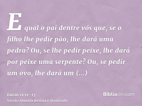 E qual o pai dentre vós que, se o filho lhe pedir pão, lhe dará uma pedra? Ou, se lhe pedir peixe, lhe dará por peixe uma serpente?Ou, se pedir um ovo, lhe dará