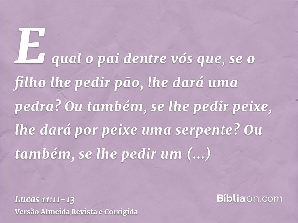 E qual o pai dentre vós que, se o filho lhe pedir pão, lhe dará uma pedra? Ou também, se lhe pedir peixe, lhe dará por peixe uma serpente?Ou também, se lhe pedi