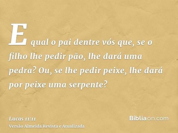 E qual o pai dentre vós que, se o filho lhe pedir pão, lhe dará uma pedra? Ou, se lhe pedir peixe, lhe dará por peixe uma serpente?