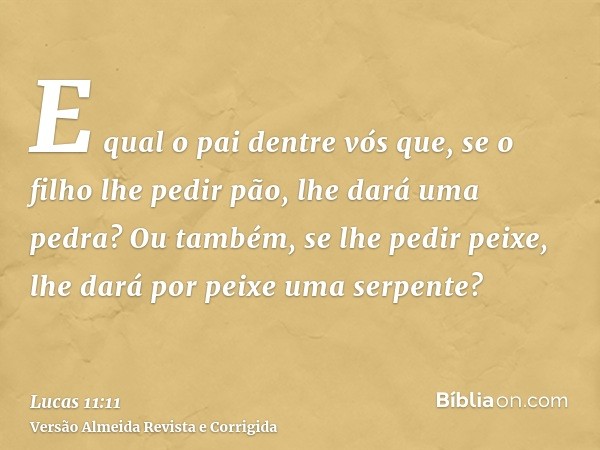 E qual o pai dentre vós que, se o filho lhe pedir pão, lhe dará uma pedra? Ou também, se lhe pedir peixe, lhe dará por peixe uma serpente?