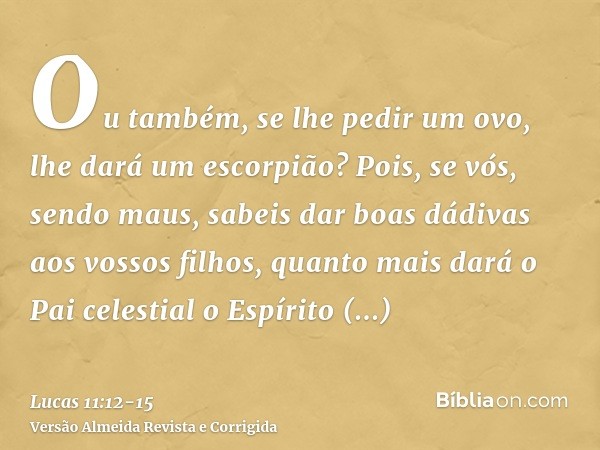 Ou também, se lhe pedir um ovo, lhe dará um escorpião?Pois, se vós, sendo maus, sabeis dar boas dádivas aos vossos filhos, quanto mais dará o Pai celestial o Es