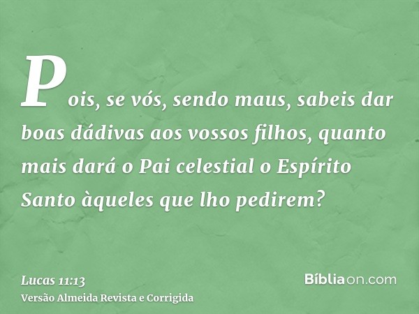 Pois, se vós, sendo maus, sabeis dar boas dádivas aos vossos filhos, quanto mais dará o Pai celestial o Espírito Santo àqueles que lho pedirem?