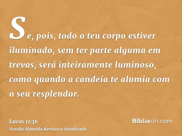 Se, pois, todo o teu corpo estiver iluminado, sem ter parte alguma em trevas, será inteiramente luminoso, como quando a candeia te alumia com o seu resplendor.