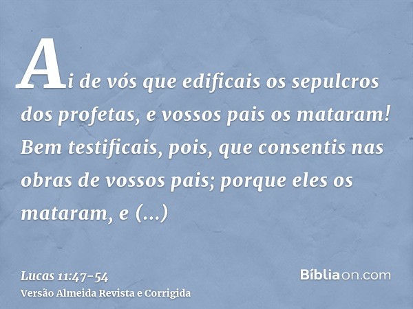 Ai de vós que edificais os sepulcros dos profetas, e vossos pais os mataram!Bem testificais, pois, que consentis nas obras de vossos pais; porque eles os matara