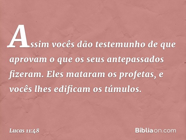 Assim vocês dão testemunho de que aprovam o que os seus antepassados fizeram. Eles mataram os profetas, e vocês lhes edificam os túmulos. -- Lucas 11:48