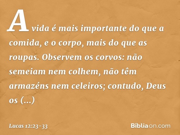 A vida é mais importante do que a comida, e o corpo, mais do que as roupas. Observem os corvos: não semeiam nem colhem, não têm armazéns nem celeiros; contudo, 