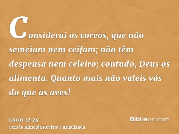 Considerai os corvos, que não semeiam nem ceifam; não têm despensa nem celeiro; contudo, Deus os alimenta. Quanto mais não valeis vós do que as aves!