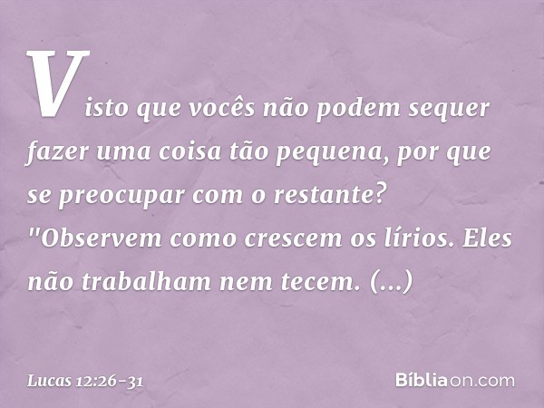 Visto que vocês não podem sequer fazer uma coisa tão pequena, por que se preocupar com o restante? "Observem como crescem os lírios. Eles não trabalham nem tece