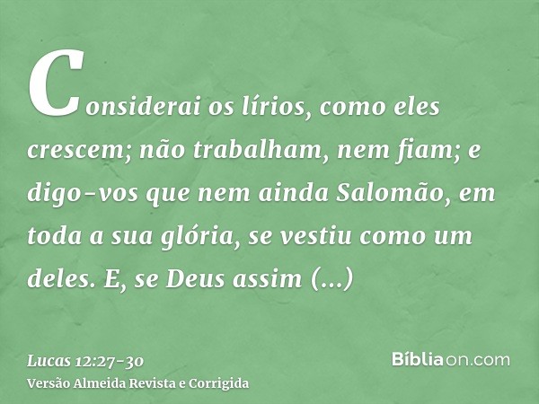 Considerai os lírios, como eles crescem; não trabalham, nem fiam; e digo-vos que nem ainda Salomão, em toda a sua glória, se vestiu como um deles.E, se Deus ass