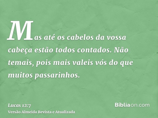 Mas até os cabelos da vossa cabeça estão todos contados. Não temais, pois mais valeis vós do que muitos passarinhos.