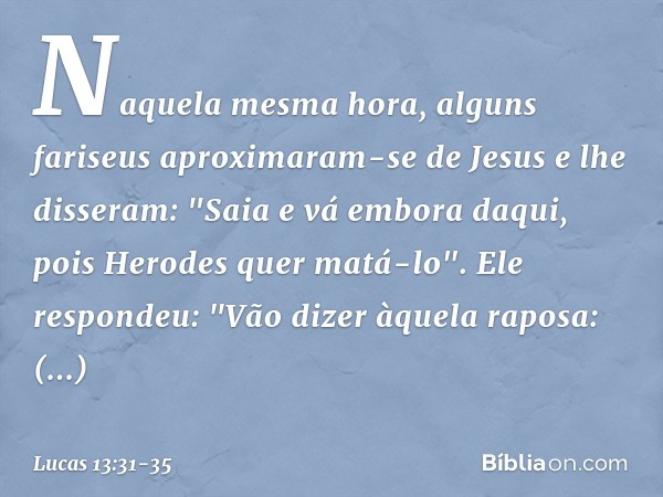 Naquela mesma hora, alguns fariseus aproximaram-se de Jesus e lhe disseram: "Saia e vá embora daqui, pois Herodes quer matá-lo". Ele respondeu: "Vão dizer àquel