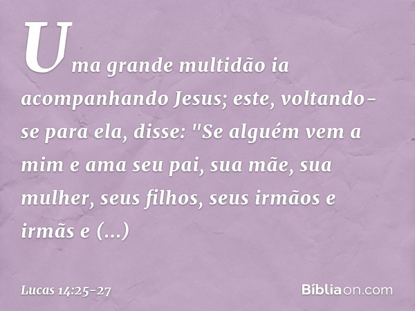 Uma grande multidão ia acompanhando Jesus; este, voltando-se para ela, disse: "Se alguém vem a mim e ama seu pai, sua mãe, sua mulher, seus filhos, seus irmãos 