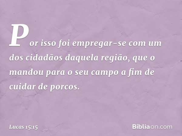 Por isso foi empregar-se com um dos cidadãos daquela região, que o mandou para o seu campo a fim de cuidar de porcos. -- Lucas 15:15