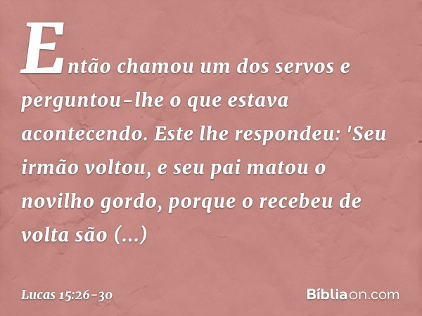 Então chamou um dos servos e perguntou-lhe o que estava acontecendo. Este lhe respondeu: 'Seu irmão voltou, e seu pai matou o novilho gordo, porque o recebeu de
