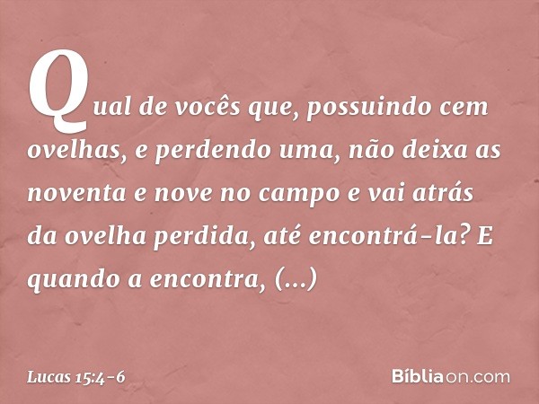 "Qual de vocês que, possuindo cem ovelhas, e perdendo uma, não deixa as noventa e nove no campo e vai atrás da ovelha perdida, até encontrá-la? E quando a encon