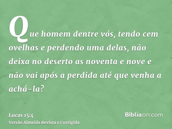 Que homem dentre vós, tendo cem ovelhas e perdendo uma delas, não deixa no deserto as noventa e nove e não vai após a perdida até que venha a achá-la?
