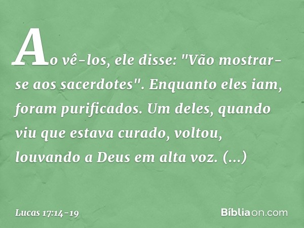 Ao vê-los, ele disse: "Vão mostrar-se aos sacerdotes". Enquanto eles iam, foram purificados. Um deles, quando viu que estava curado, voltou, louvando a Deus em 