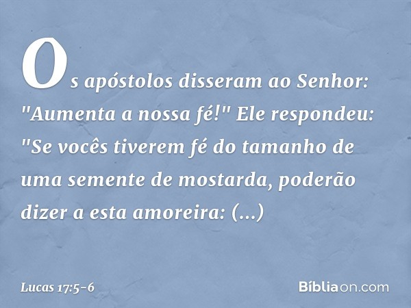 Os apóstolos disseram ao Senhor: "Aumenta a nossa fé!" Ele respondeu: "Se vocês tiverem fé do tamanho de uma semente de mostarda, poderão dizer a esta amoreira: