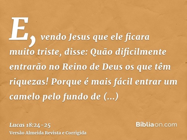 E, vendo Jesus que ele ficara muito triste, disse: Quão dificilmente entrarão no Reino de Deus os que têm riquezas!Porque é mais fácil entrar um camelo pelo fun