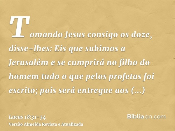 Tomando Jesus consigo os doze, disse-lhes: Eis que subimos a Jerusalém e se cumprirá no filho do homem tudo o que pelos profetas foi escrito;pois será entregue 