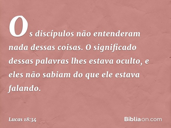 Os discípulos não entenderam nada dessas coisas. O significado dessas palavras lhes estava oculto, e eles não sabiam do que ele estava falando. -- Lucas 18:34