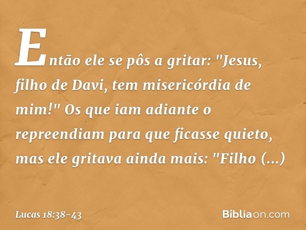 Então ele se pôs a gritar: "Jesus, filho de Davi, tem misericórdia de mim!" Os que iam adiante o repreendiam para que ficasse quieto, mas ele gritava ainda mais