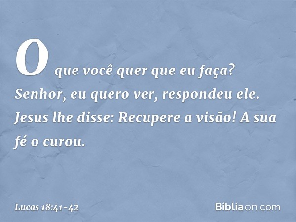 "O que você quer que eu faça?"
"Senhor, eu quero ver", respondeu ele. Jesus lhe disse: "Recupere a visão! A sua fé o curou". -- Lucas 18:41-42