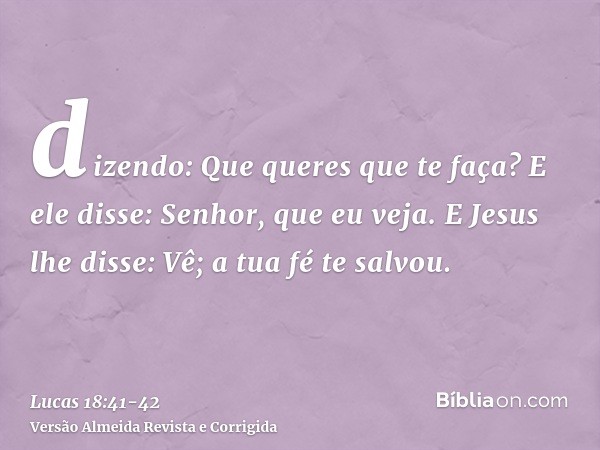 dizendo: Que queres que te faça? E ele disse: Senhor, que eu veja.E Jesus lhe disse: Vê; a tua fé te salvou.