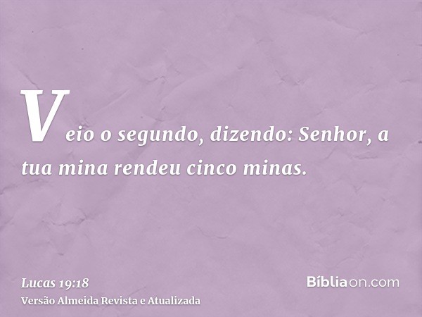 Veio o segundo, dizendo: Senhor, a tua mina rendeu cinco minas.