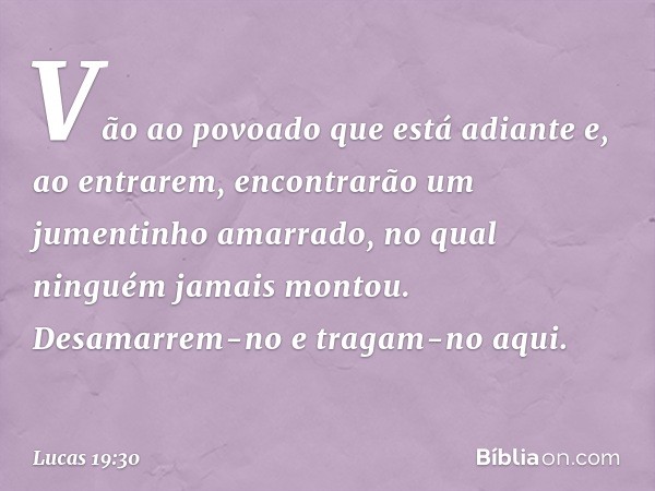 "Vão ao povoado que está adiante e, ao entrarem, encontrarão um jumentinho amarrado, no qual ninguém jamais montou. Desamarrem-no e tragam-no aqui. -- Lucas 19: