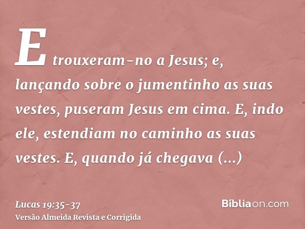 E trouxeram-no a Jesus; e, lançando sobre o jumentinho as suas vestes, puseram Jesus em cima.E, indo ele, estendiam no caminho as suas vestes.E, quando já chega