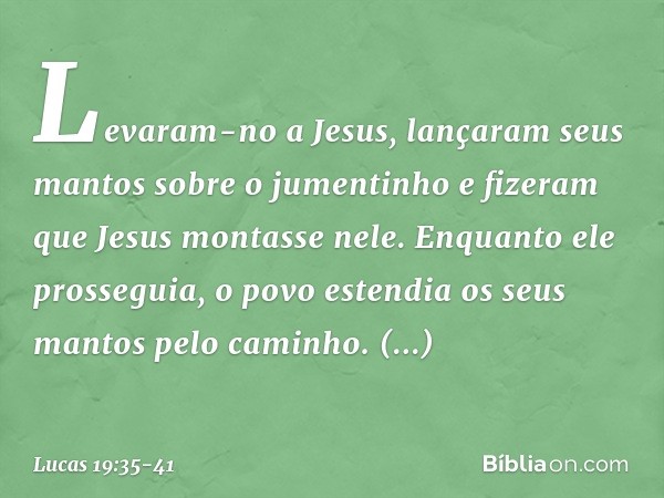 Levaram-no a Jesus, lançaram seus mantos sobre o jumentinho e fizeram que Jesus montasse nele. Enquanto ele prosseguia, o povo estendia os seus mantos pelo cami