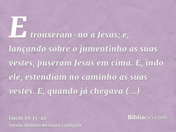 E trouxeram-no a Jesus; e, lançando sobre o jumentinho as suas vestes, puseram Jesus em cima.E, indo ele, estendiam no caminho as suas vestes.E, quando já chega