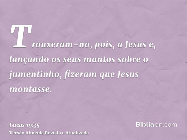 Trouxeram-no, pois, a Jesus e, lançando os seus mantos sobre o jumentinho, fizeram que Jesus montasse.