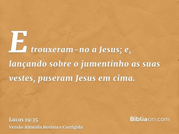 E trouxeram-no a Jesus; e, lançando sobre o jumentinho as suas vestes, puseram Jesus em cima.