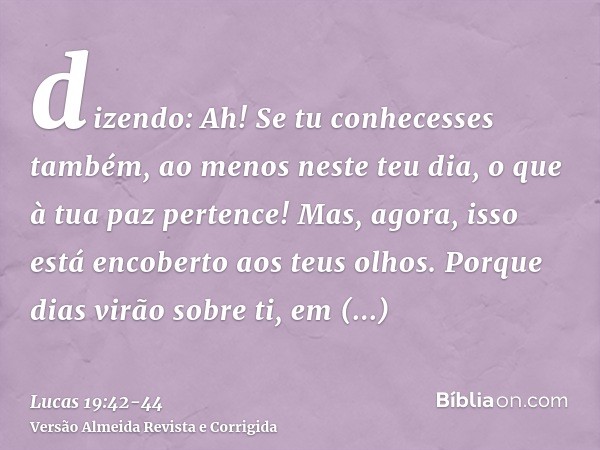 dizendo: Ah! Se tu conhecesses também, ao menos neste teu dia, o que à tua paz pertence! Mas, agora, isso está encoberto aos teus olhos.Porque dias virão sobre