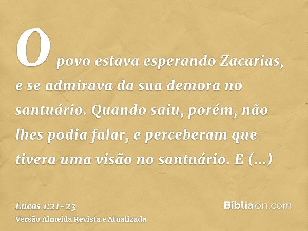 O povo estava esperando Zacarias, e se admirava da sua demora no santuário.Quando saiu, porém, não lhes podia falar, e perceberam que tivera uma visão no santuá